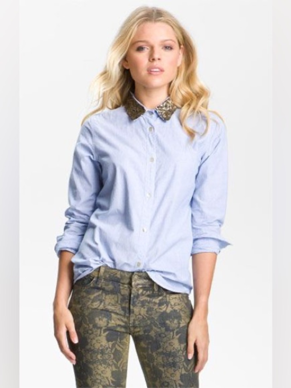 Maison Scotch & Soda Sequin Collar Dobby Chambray Shirt Blue